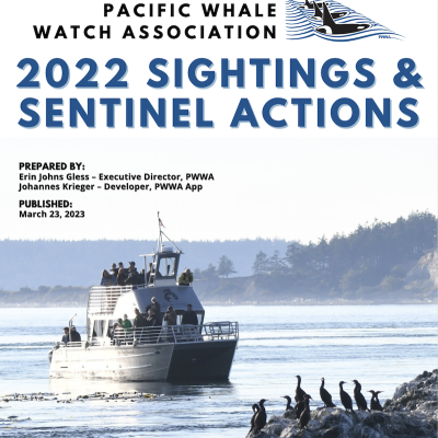 over of the Pacific Whale Watch Association 2023 Sightings and Sentinel Actions report, featuring a photograph of a whale watching tour boat.
