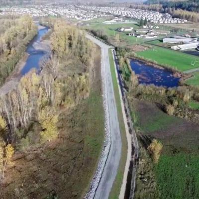 2016 aerial view of completed Calistoga Reach levee project in Orting, WA. Image courtesy: CSI Drone Solutions and Washington Rock Quarries, Inc. Video: https://www.youtube.com/watch?v=2H_NK6U2_zw