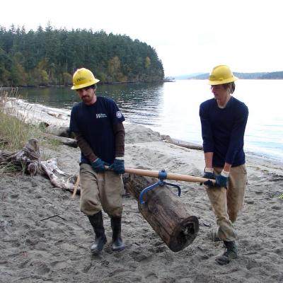 Two people carry a creosote-treated log on beach with calm water in the background.