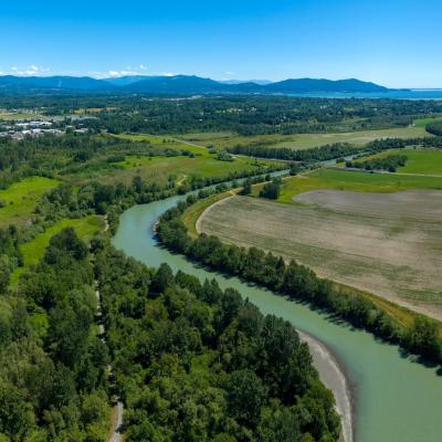 Aerial view of a river flowing through farmland buffered on both sides by trees and other vegetation, with islands and Puget Sound in the distance.