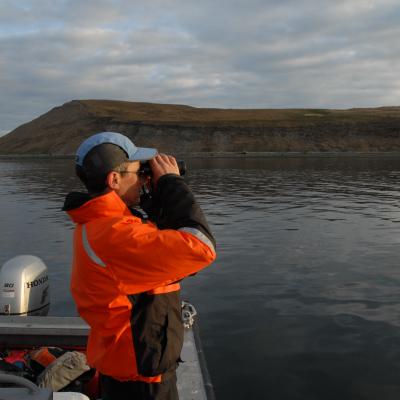 Peter Hodum, conservation biologist from the University of Puget Sound counts rhinoceros auklets and tufted puffins around Protection Island, WA (in the background). Photo: Scott Pearson, WDFW