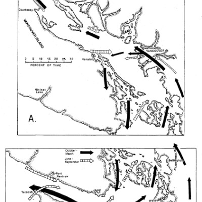 Figure 13. Prevailing surface wind patterns over the Strait of Georgia region (A) and Juan de Fuca Strait (B) (page 59)