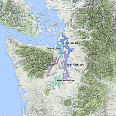 Puget Sound basins. The oceanographer’s definition of Puget Sound is limited to the following marine basins: Hood Canal, Main Basin (Admiralty Inlet and the Central Basin), South Basin, and Whidbey Basin. Map: Kris Symer. Data source: WDFW.