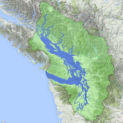Salish Sea basin and water boundaries. The Salish Sea water boundary (blue) includes the Strait of Georgia, Desolation Sound, The Strait of Juan de Fuca, and Puget Sound. The larger watershed basin (green) is the area that drains into Salish Sea waters. WA Water Resource Inventory areas (WRIA) boundary lines are shown for reference. Map: Kris Symer. Data: Stefan Freelan; WAECY.