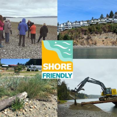 Four beach photographs: 1) people learnng about beach processes from a geologist, 2) homes on top of a feeder bluff, 3) dunegrass and woody debris with a home in the background, 4) excavator placing beach nourishment material. Shore Friendly logo in the center.
