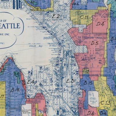 Historic map of Seattle showing areas in different colors.