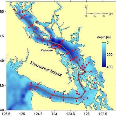 Figure 31-1. Red circles show the locations of 79 stations sampled during the water properties survey in April, June and September/October (page 147).