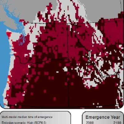 Sample map of “Year of Emergence”, depicting where and when there is projected to be noticeable differences in number of days per year with daily maximum temperature exceeding 90°F (32.2°C) compared to 1950-1999, for a moderate rate of climate change, high emissions scenario and high management sensitivity, according to the BCSD5 climate data source.