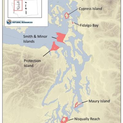 Location of eight aquatic reserves in Washington. Map: WA DNR