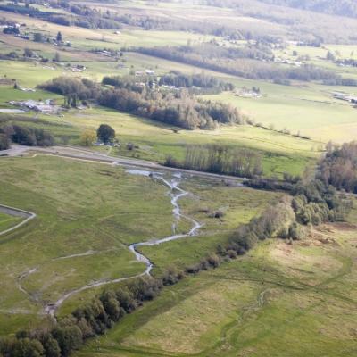 Aerial photo of Hansen Creek restoration site in Skagit County, WA. October 15, 2010. Photo: Kari Neumeyer/NWIFC