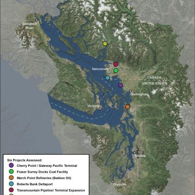 Fig 1. The six projects assessed are located on both sides of the Canadian / United States border, which bisects the Salish Sea and its watershed.