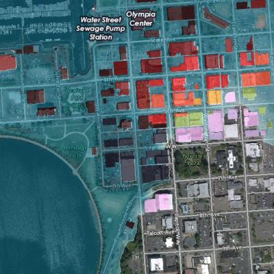 GIS is used to illustrate sea-level rise scenarios in downtown Olympia. Story map by City of Olympia: https://arcg.is/LSyOO