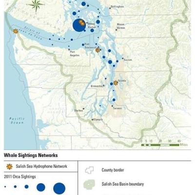 Salish Sea Hydrophone Network locations and 2011  orca sightings from the Orca Network Whale Sightings Network. Source: Salish Sea Hydrophone Network and Orca Network.