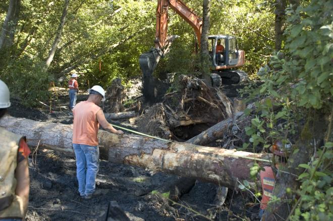 2009 construction crews use heavy equipment to create habitat in Hansen Creek. Photo: Kari Neumeyer/NWIFC