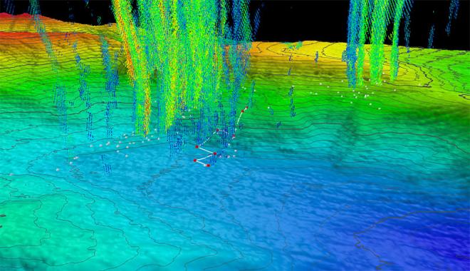 A three-dimensional illustration of methane plumes emitting from the seafloor in the Atlantic Ocean.  Image courtesy of NOAA. 