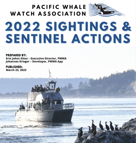 over of the Pacific Whale Watch Association 2023 Sightings and Sentinel Actions report, featuring a photograph of a whale watching tour boat.