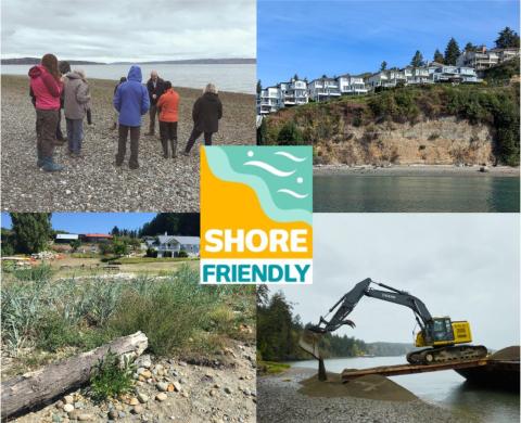 Four beach photographs: 1) people learnng about beach processes from a geologist, 2) homes on top of a feeder bluff, 3) dunegrass and woody debris with a home in the background, 4) excavator placing beach nourishment material. Shore Friendly logo in the center.