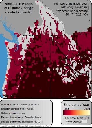 Sample map of “Year of Emergence”, depicting where and when there is projected to be noticeable differences in number of days per year with daily maximum temperature exceeding 90°F (32.2°C) compared to 1950-1999, for a moderate rate of climate change, high emissions scenario and high management sensitivity, according to the BCSD5 climate data source.