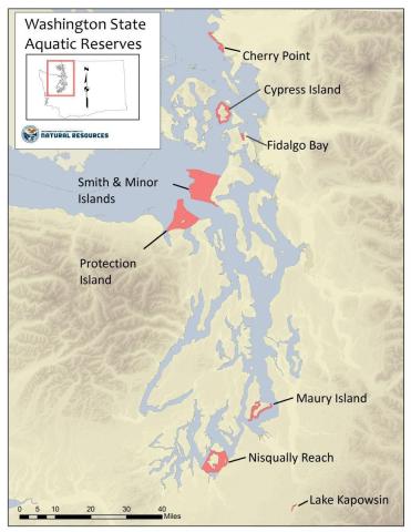 Location of eight aquatic reserves in Washington. Map: WA DNR