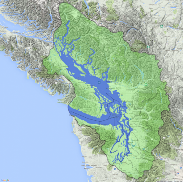Salish Sea basin and water boundaries. The Salish Sea water boundary (blue) includes the Strait of Georgia, Desolation Sound, The Strait of Juan de Fuca, and Puget Sound. The larger watershed basin (green) is the area that drains into Salish Sea waters. WA Water Resource Inventory areas (WRIA) boundary lines are shown for reference. Map: Kris Symer. Data: Stefan Freelan; WAECY.