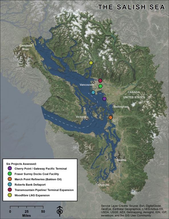 Fig 1. The six projects assessed are located on both sides of the Canadian / United States border, which bisects the Salish Sea and its watershed.
