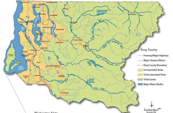 King County map, showing incorporated land and major water bodies. Copyright King County.