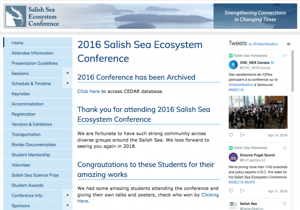 Screenshot of archived SSEC 2016 website at http://www.wwu.edu/salishseaconference/archived/2016/