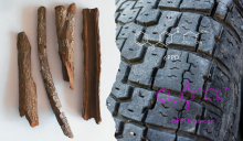 Diptych of cinchona bark and tire tread, overlaid with chemical structures of 6PPD and 6PPD-quinone.