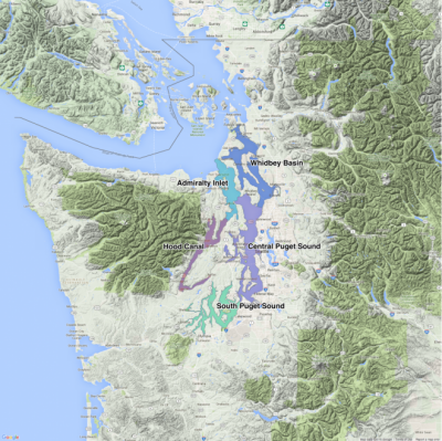 Puget Sound basins. The oceanographer’s definition of Puget Sound is limited to the following marine basins: Hood Canal, Main Basin (Admiralty Inlet and the Central Basin), South Basin, and Whidbey Basin. Map: Kris Symer. Data source: WDFW.