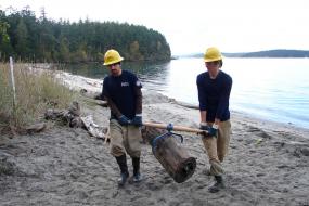 Two people carry a creosote-treated log on beach with calm water in the background.