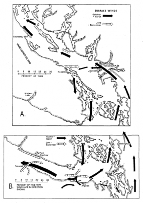 Figure 13. Prevailing surface wind patterns over the Strait of Georgia region (A) and Juan de Fuca Strait (B) (page 59)