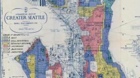Historic map of Seattle showing areas in different colors.