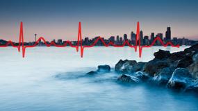 Heartbeat line overlays Seattle Skyline from Alki Beach. Graphic: Puget Sound Institute w/ copyrighted images
