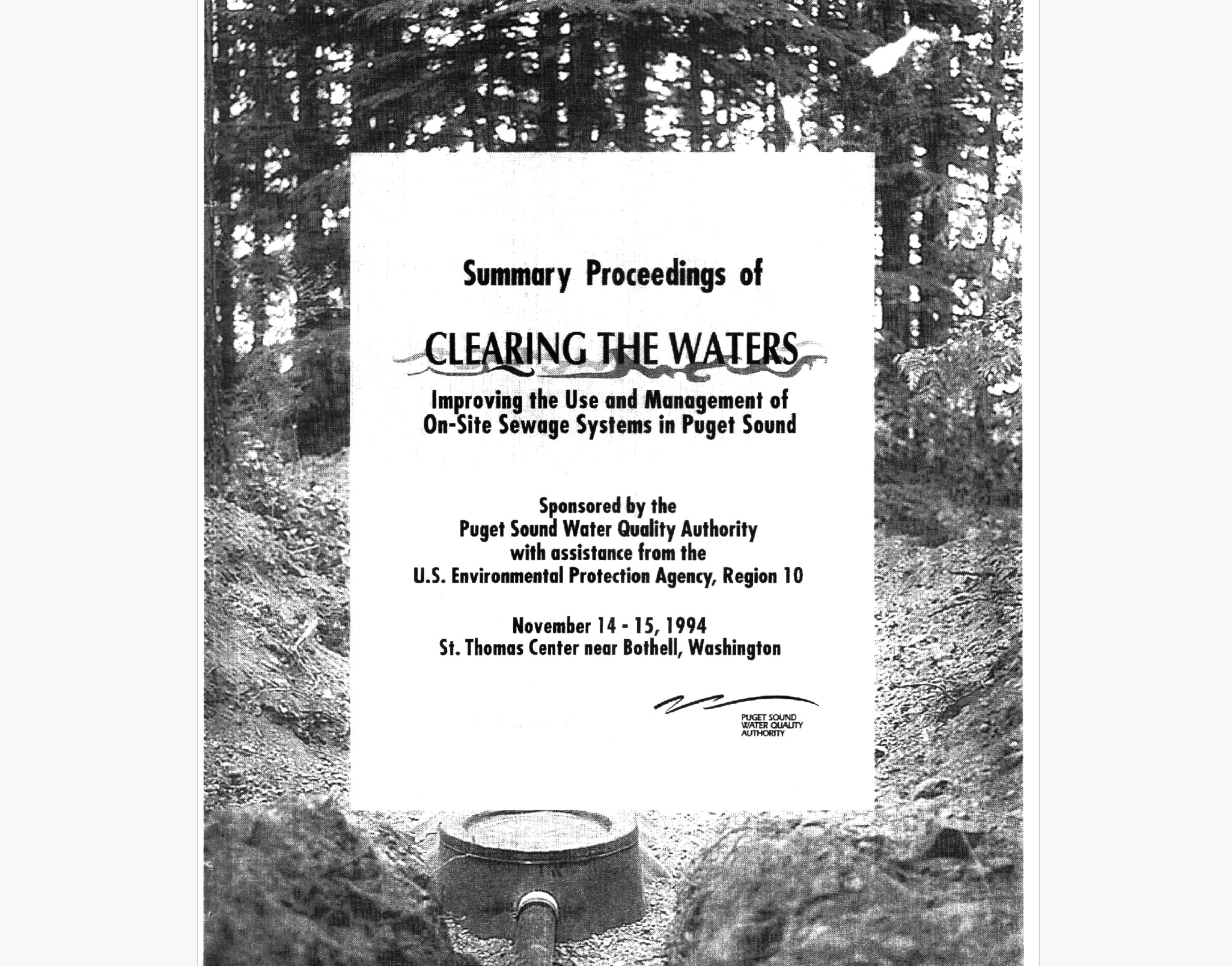 Proceedings cover of Clearing the waters: Improving the use and management of on-site sewage systems in Puget Sound