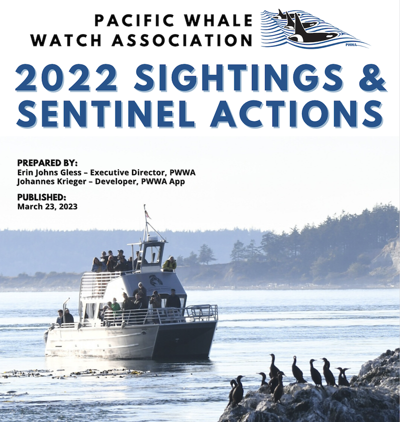 over of the Pacific Whale Watch Association 2023 Sightings and Sentinel Actions report, featuring a photograph of a whale watching tour boat.