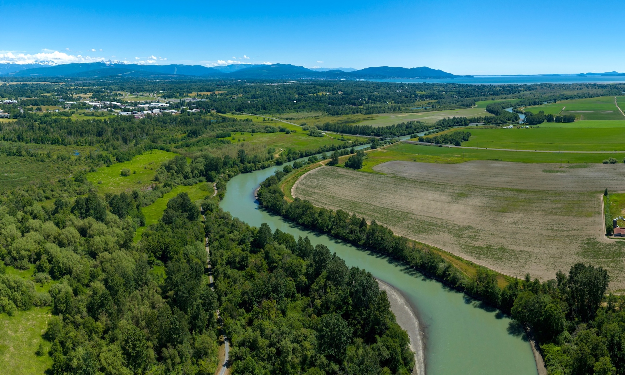 Aerial view of a river flowing through farmland buffered on both sides by trees and other vegetation, with islands and Puget Sound in the distance.