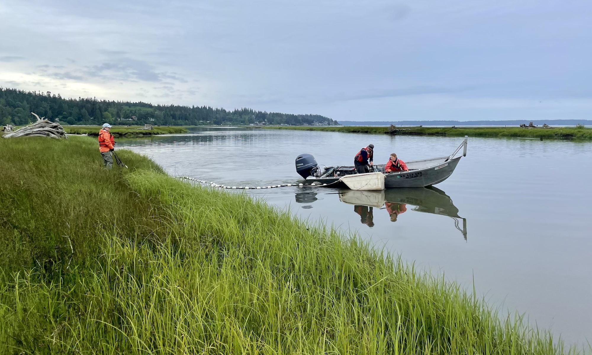 An open motor boat sitting in sill water as to people place a fishing net across the channel.